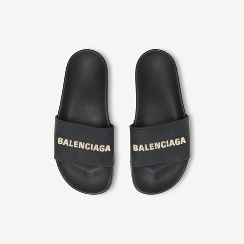 Balenciaga Pool Slide Sandal Black avec logo 3D blanc