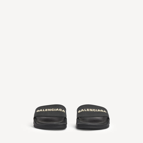 Balenciaga Pool Slide Sandal Black avec logo 3D blanc