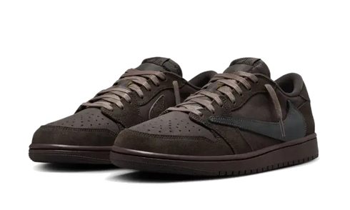 Close-up of Travis Scott branding on Jordan 1 Low OG