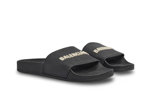 Balenciaga Pool Slide Sandal Black avec logo 3D blanc